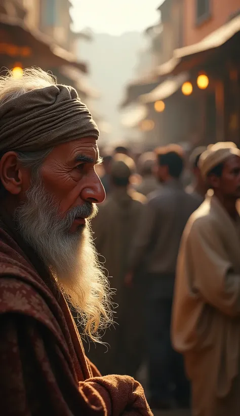 "An old man with a wise face. The background displays a traditional market in the time of the prophet Moses with crowds of people paying attention to the conversation.  Hyper-realistic style ,  natural lighting from the left direction . Canon EOS R5 camera...