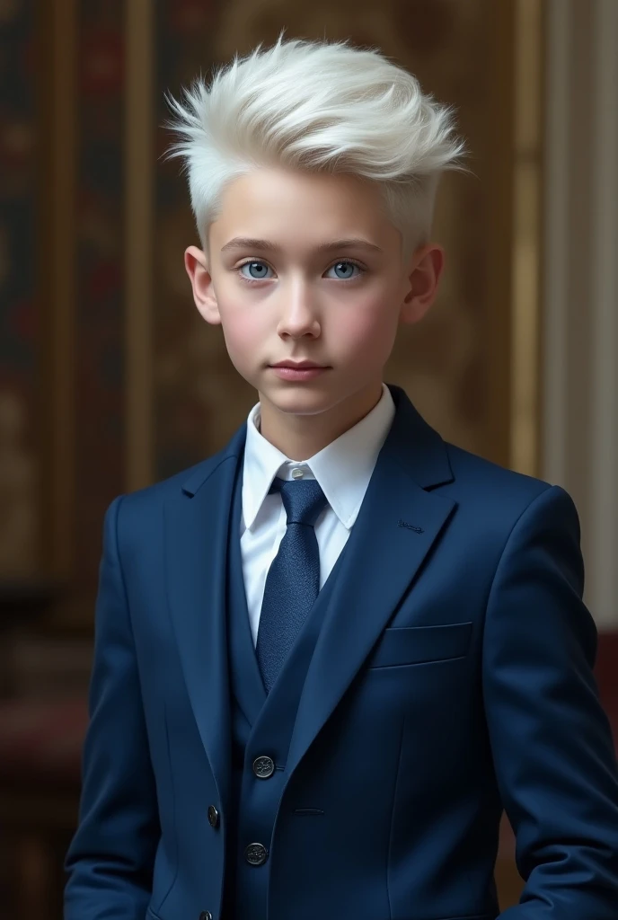 Photo realism Adolescent Boy Countries in Russia Ages Skin color: white Big white hair on both sides Light blue eyes Height 1, 57 tall Standing photo Luxury blue suit Tie Very handsome boy  