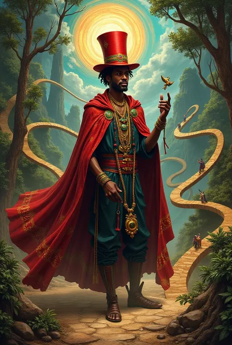 Prompt para DALL-E: " Create an image of the Exu Gira Mundo ,  a powerful figure from the Afro-Brazilian tradition .  He must be portrayed as a charismatic and enigmatic man , Cape dress and red top hat. In the background,  include elements that represent ...