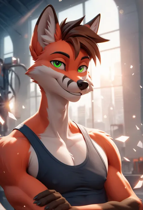 solo male, red fox, brown hair, green eyes, muscular, tanktop, furry, smiling, netral, dynamic lighting, illustration, beautiful, particles (high quality,4k,8k,highres,masterpiece:1.2), ultra-detailed, impressionistic:colorful,