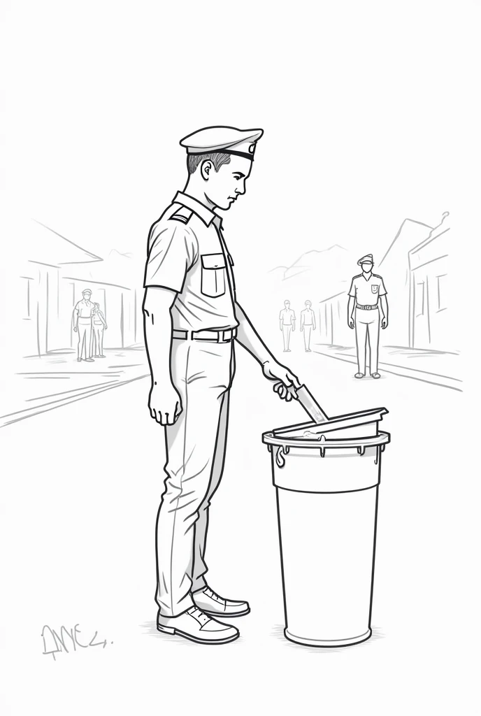 Sketch outline of ncc cadet throwing waste in dustbin 
