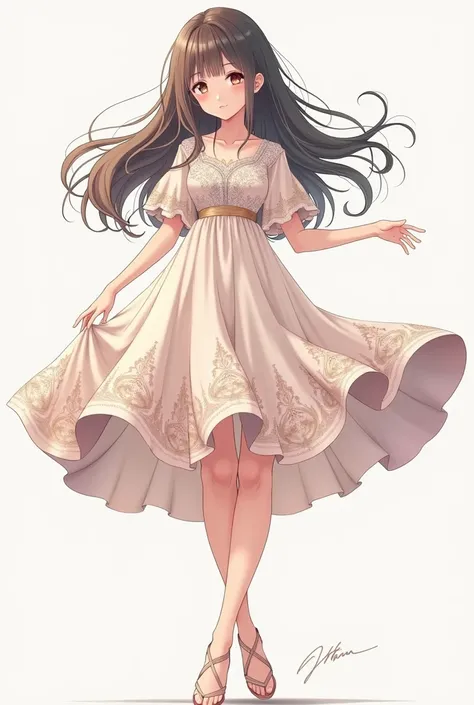 Anime sketch  in a knee-length dress and flowing hair