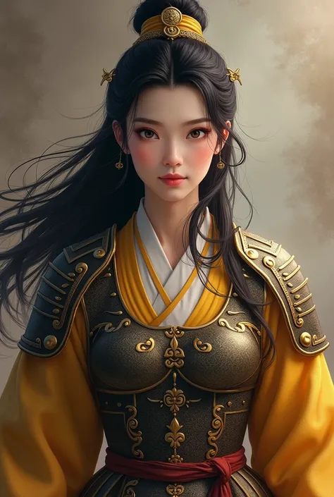 A young woman with black hair from the Three Kingdoms period wears a yellow headband wearing a Hanseatic armor