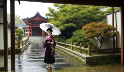  1 girl, Alone, Hair accessories,  Long Sleeve ,  standing , whole body, Outdoor, japanese clothes,  solo focus ,  wide sleeve , kimono, Black shoes,  dark eyes, tree, leaf, umbrella, Sandals,  A bun with one hair,  Building,  similarly , scenery,  similar...