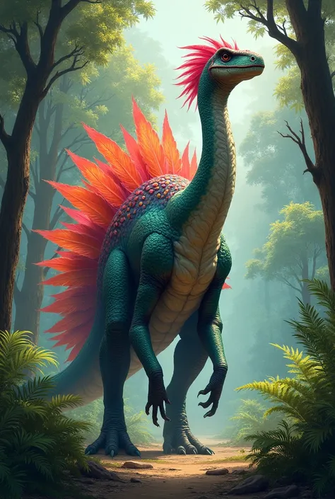 A big dinosaur with colorful feathers in all body 