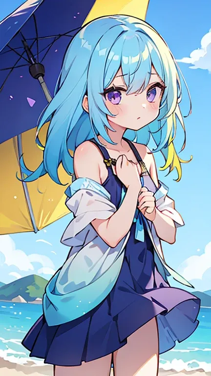 (( blue  ,   girl with yellow gradient hair and purple eyes)),((Blue summer clothes )),bangs, Hair between eyes  , Im holding a hulauff   