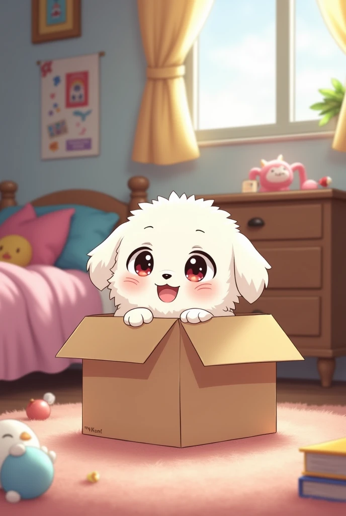 anime, A white puppy comes out of a box in a s room 