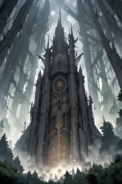 A huge cathedral that collapsed, forest, machine