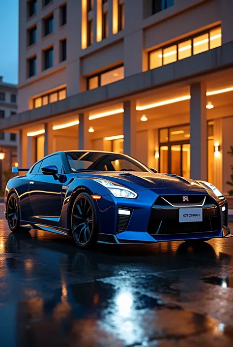 
blue Nissan GTR in front of a luxury hotel at night of full car 