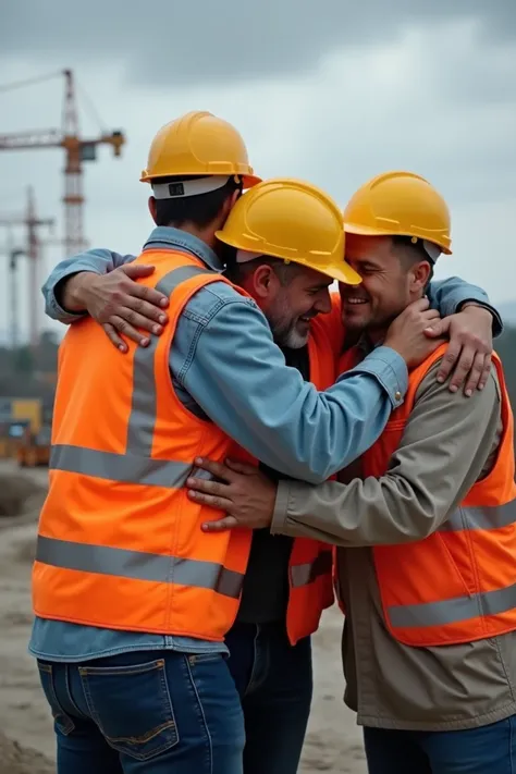 Three construction workers hugged each other in exhaustion. 