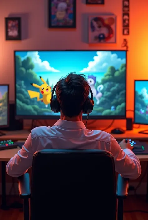 A Man in white folded shirt relaxing wearing headphone in his Gaming room set up with multiple Pc and table arrangements and pc with screen saver in bedroom facing front towards tv screen playing pokemon around neon orange light