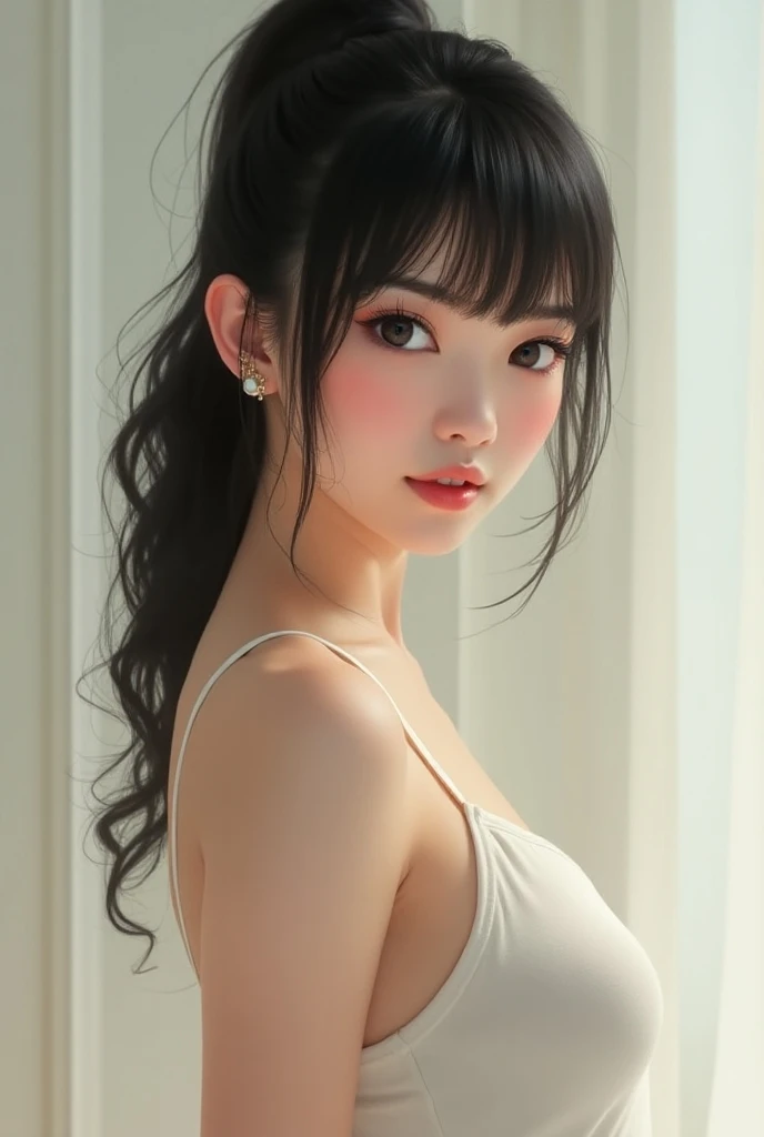 A girl she is japanese has black bangs hair normal body shape and beautiful  and sexy