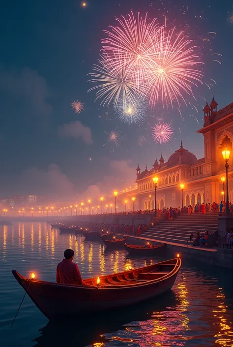 Dev Diwali prayagraj aswamedh ghat with ganga aarti and fire crackers bursting in sky
Boat in the river