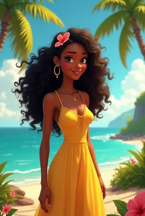 Animated version of beautiful black 38 yo woman and mother, with long curly hair, dark brown skin, lives on an island, wearing yellow sundress  