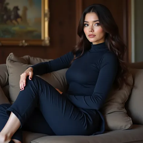 young girl, girl with dark brown hair she has huge tits, have swollen tits perfect female body big breast perfect female body, big breasts,  she is wearing a navy blue tight turtleneck and suit trousers she is sitting on the couch she has her legs crossed ...