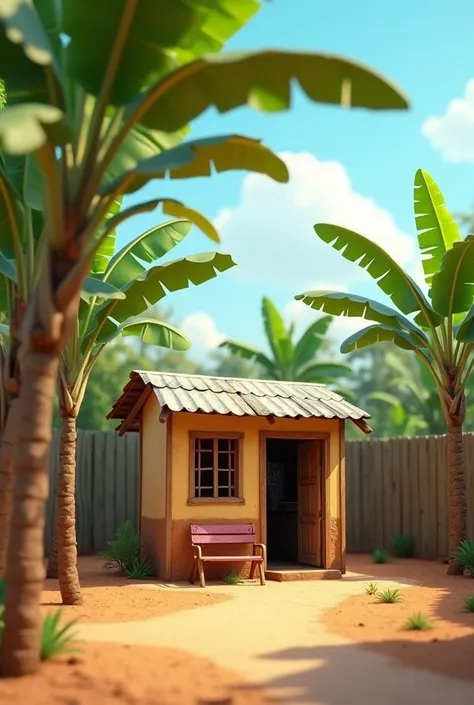 "A small urban home in Kigogo, Dar es Salaam, with a tin roof and a dusty courtyard, surrounded by banana trees,3D PIXAR STYLE"


