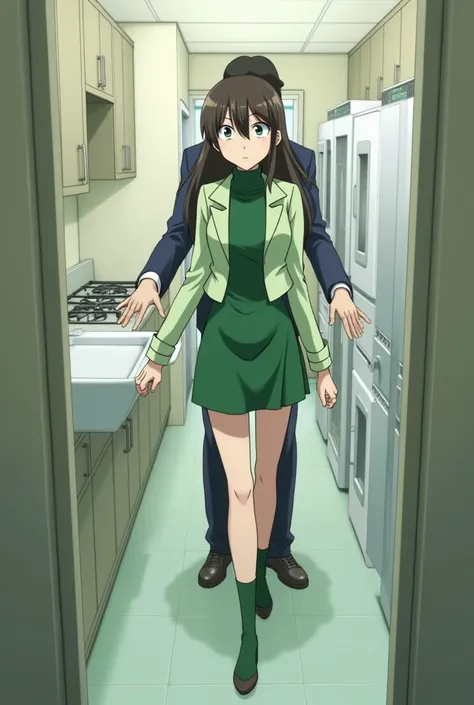 {{{mouri ran}}},{{{Detective Conan}}},{{{long hair}}},{{{official style}}},{{{adult}}},green dress,one-piece dress,turtleneck,green miniskirt, {light green cropped jacket},{light green cropped jacket},green socks,,sink,laundry,kitchen,bringing upper body t...