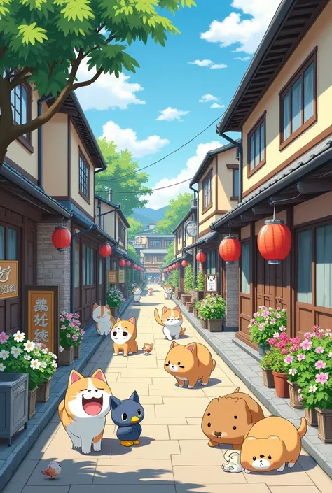 Anime street japan all the animals pets all around so cute summer green nature 