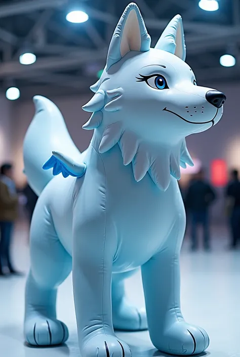  generating a realistic background ： There is a huge inflatable animal model in the event venue， The animal is a wolf or fox ， Standing on two legs in an anthropomorphic Japanese anime-style position 。 The material effect is mainly light gray and blue 。 ha...