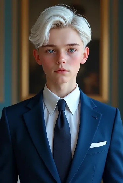 Photo realism Adolescent Boy Countries in Russia Ages Skin color: white Big white hair on both sides Light blue eyes Height 1, 57 tall Standing photo Luxury blue suit Tie Very handsome boy  