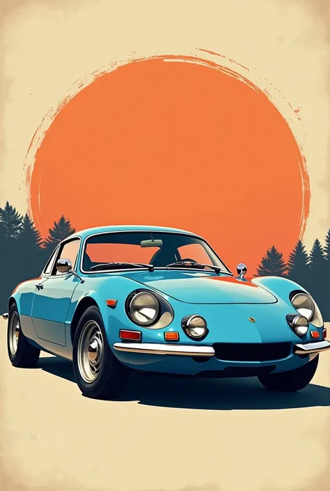 Magnifique Renault Alpine A110, bleue, 1968,design graphic vintage, beaucoup de détails, image vectorielle, réaliste, arrière-plan année 60