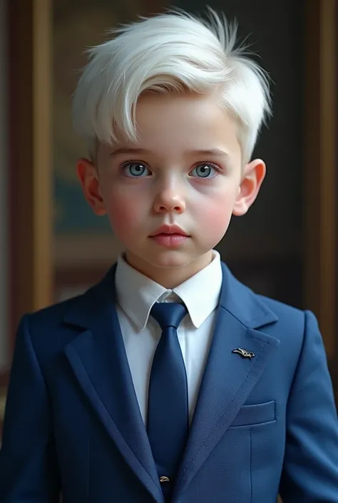 Photo realism Adolescent Boy Countries in Russia Ages Skin color: white Big white hair on both sides Light blue eyes Height 1, 57 tall Standing photo Luxury blue suit Tie Very handsome boy  