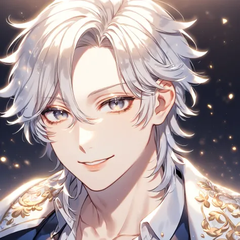  Absurd,  Hi-Res, Super detailed,  Hi-Res,  Masterpiece」, Best Quality,   detail face , Elegant Features,  detail eyes , Beautiful young man,A silver-haired , expressive gray eyes, His eyelashes are silver , The S-class I raised, Handsome young man, Adult ...