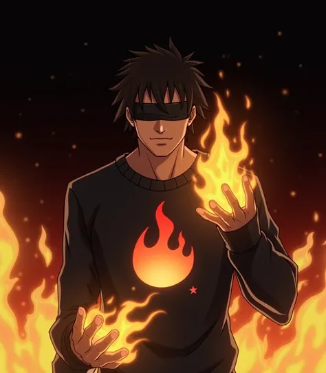 Anime, black, man, dreads, flaming hand, sweater with flame logo, blindfolded