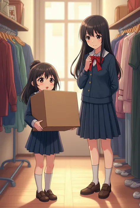 Anime, une petite fille en tenue détudiante bleu marine, avec les cheveux attachés, qui rejoint sa grande soeur en portant un gros carton dans les mains, avec des cheveux longs noirs, qui regardait des vêtements dans une boutique 