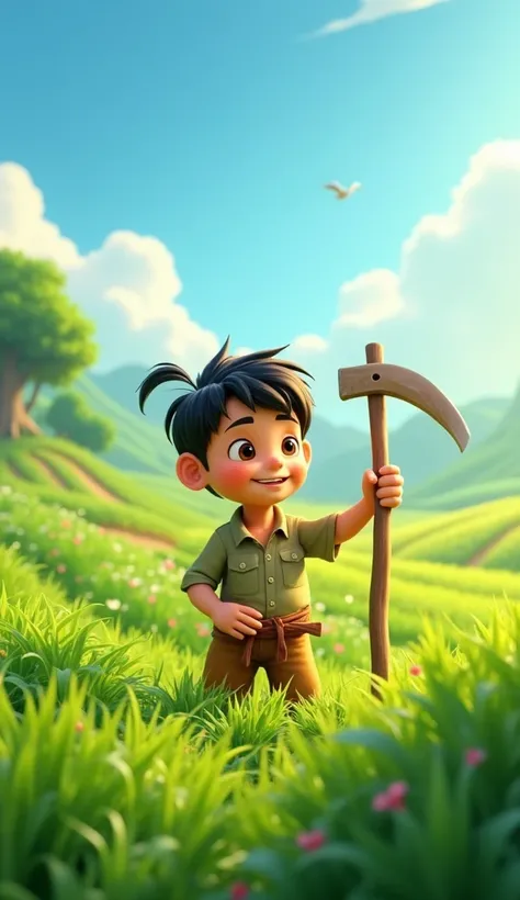   Create a cartoon image  of 3D animation   "A boy working in green fields with a sickle, sweating in the sun, 
