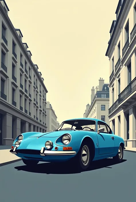 Magnifique Renault Alpine A110, bleue, 1968,design graphic vintage, beaucoup de détails, image vectorielle, réaliste, arrière-plan Paris année 1967, très minimasliste