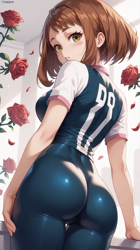 , ochako uraraka, brown eyes, brown hair, short hair, blush, blush stickers, skin tight, sexy body, sexy figure, sexy, desireable, butt, back view, back, dos, fesses , short marron, tshirt rose, dos,  bottes noires,  , elle est courte