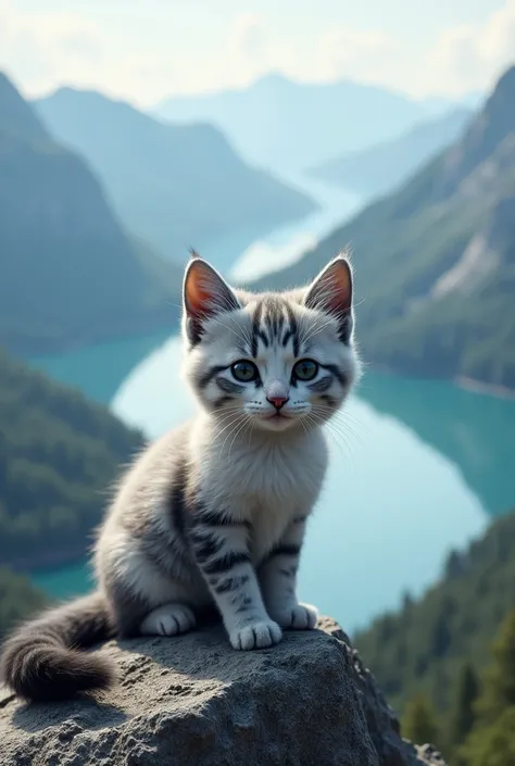 Realistic image:  a realistic young cat of medium size ,  a bit small but not too small ,  hairy in different shades of gray  (blanc, light gray ,  dark gray ...)  he is standing on a mountain with behind the mountain a large lake and a magnificent reflect...