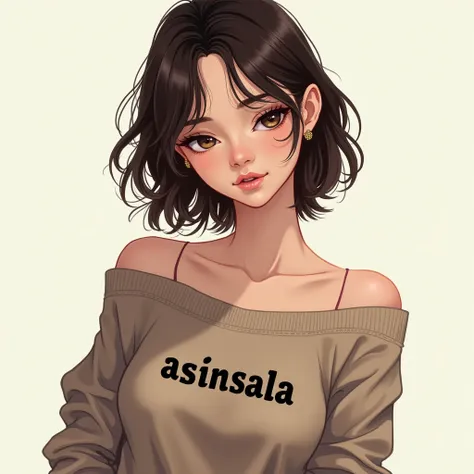 ((best quality)), ((masterpiece)), (detailed), 1girl, off-shoulder sweater. sweater front printed "asinsala".