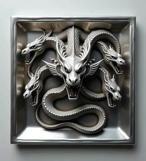 squared plate made with silver with a hydra with 5 heads ingrown on it