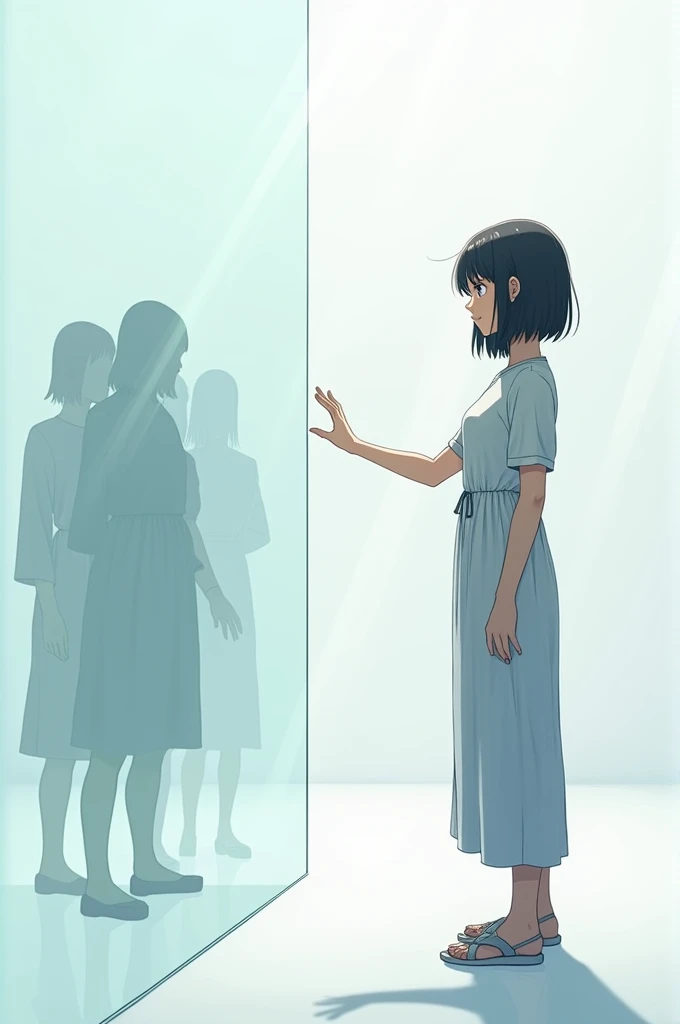 Anime A young woman stands behind a transparent glass wall in an all-white room
He put his hand on the glass, see people connected to each other on the other side .