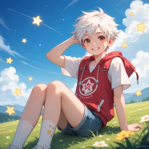 A cute young man with short white hair, red eyes, pink cheeks, a bright smile, sitting on the grass, his eyes looking at the sky with glittering stars, his eyes looking sparkling, similar to the stars in the sky, put on white and red clothes.