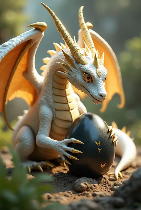  White dragon with golden wings and eyes, taking care of a black egg 