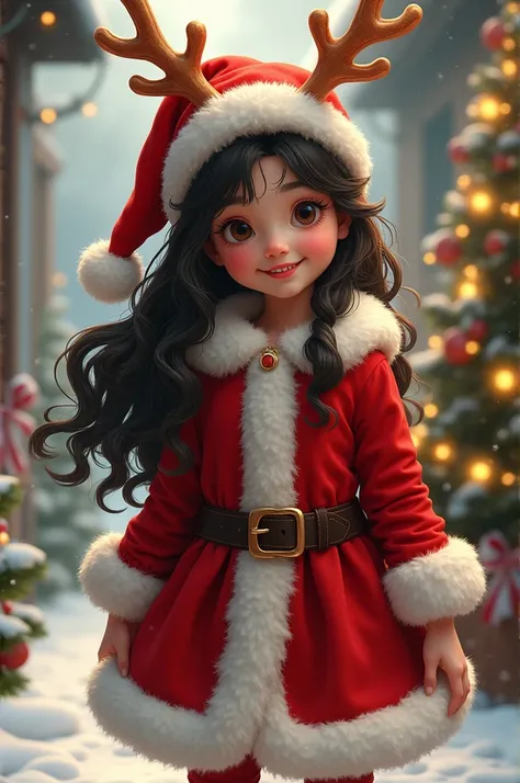 Girl with long curly dark hair dressed as Santa Claus with reindeer horns 