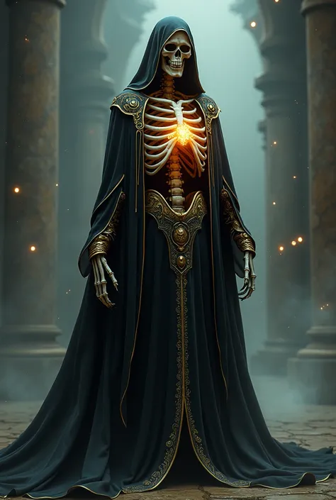 Skeleton mage wearing a long black and gold dress . Hidden in his rib cage is a dark purple energy orb.