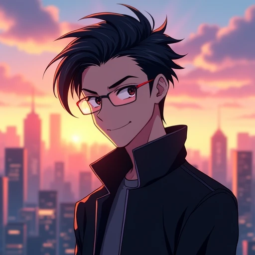 An anime boy with v shaped jawline, stylish hairstyle, Rectangular shaped gleasses, smart look and giving a smart handsome smile, he is wearing a black jacket and looking in front , city skyline inthe background and beautiful colours 