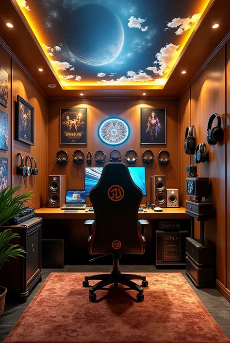 A gaming room gold themed with music and movie posters all over the wall and galaxy themed lights and clouds on top ceiling with a futuristic fan ,a dedicated table for gaming with a gaming laptop only no pc,and another side of table 8 open back headphones...