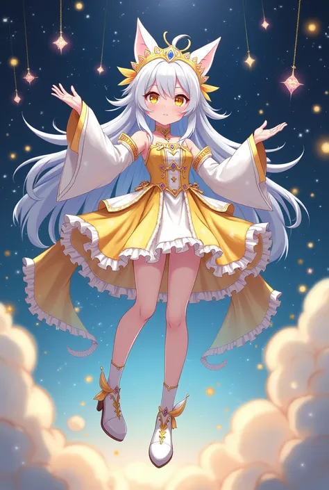 Genshin Impact,  Nata background , Paimon,  Tall and flying ,  Taegeuki-shaped hair  ,  white hair,  Small crown ,  Constellations floating around ,  Shoes and clothes mixed with white, yellow, and gold, Cuteness, Traveler 