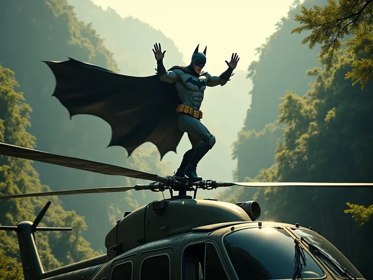 batman dancing on top of helicopter in the jungle