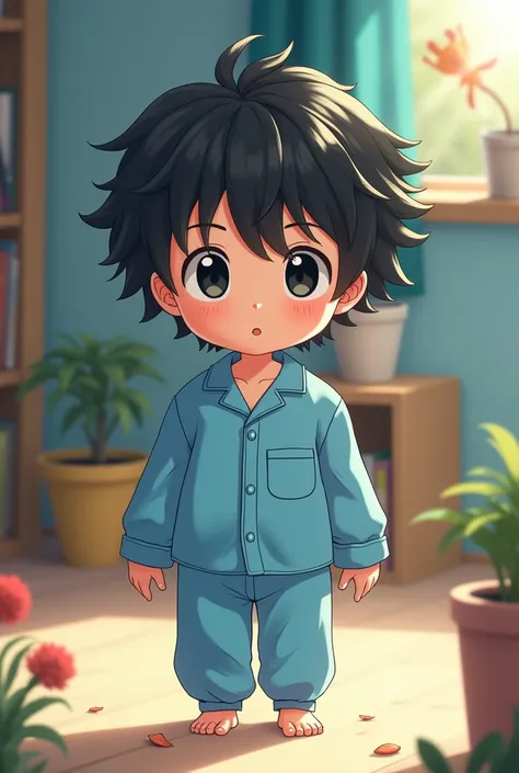 A  boy in blue pajamas without pants with black eyes and thick dark hair with an anime style