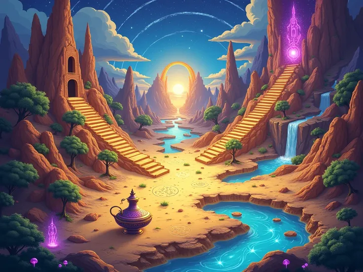 A cartoon like A magical, richly detailed map featuring six interconnected realms, each brimming with unique visual elements and vibrant colors. At the center is The Glittering Sands, a sprawling golden desert with shimmering dunes, ancient glowing ruins, ...