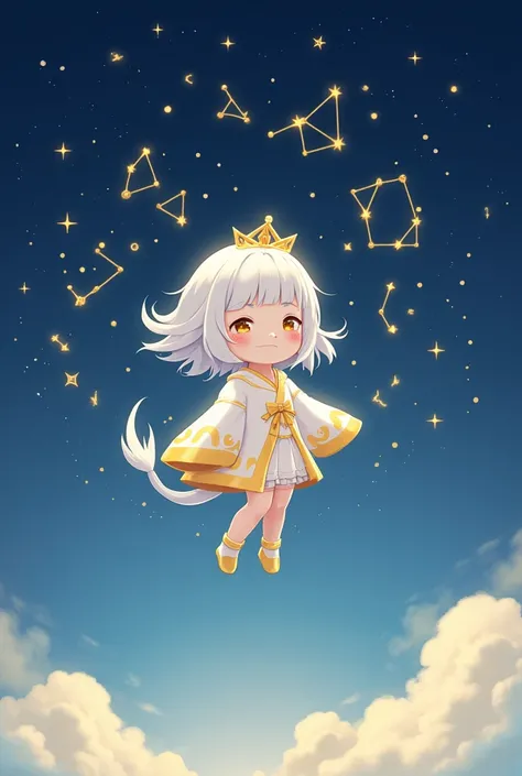 Genshin Impact,  night background, Paimon,  Tall and flying ,  Taegeuki-shaped hair  ,  white hair,  Small crown ,  Constellations floating around ,  Shoes and clothes mixed with white, yellow, and gold, Cuteness, Traveler , 2D, flat , Simple ,  flat 