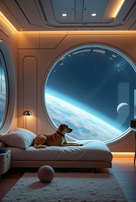 A dogs bedroom in a spaceship with no human bed, and the dogs bed is just a cushion with a toy ball on the floor. There is a large window to see the space outside, but there is no dog in the picture.