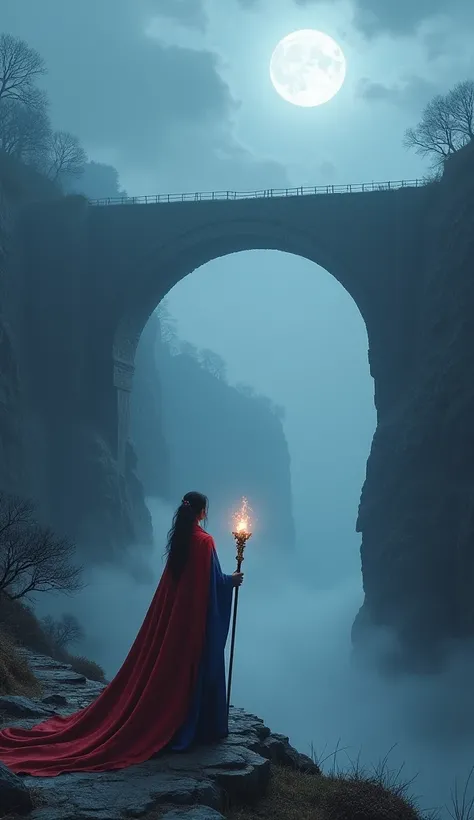 A massive stone bridge arches gracefully over a deep gorge, shrouded in dense fog, where a striking female mage clad in flowing red and blue robes stands with a glowing staff, her silhouette illuminated by the faint silver moonlight piercing through the mi...