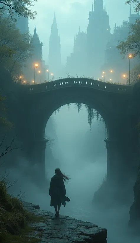 (masterpiece：1.2、 High Quality 、High image quality、score_9up,score_8up, very detailed ）、 creating an old, mystical atmosphere Its sticking out 、 a fantastic world appears ,　a different world, on one side of the oldest long bridge 、on the sea, The fog is th...